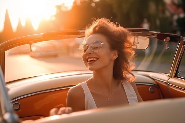 Foto mulher carro caucasiano beleza viagem óculos de sol auto jovem verão moda liberdade ia generativa