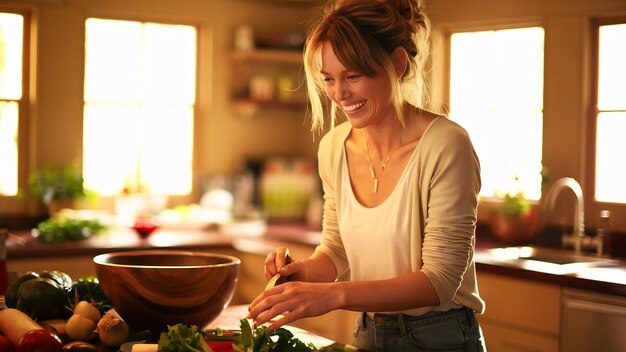 Foto mulher casual sorridente a fazer salada fresca.