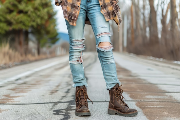 Foto mulher casual vestindo jeans rasgados e botas castanhas em uma estrada rural com árvores no
