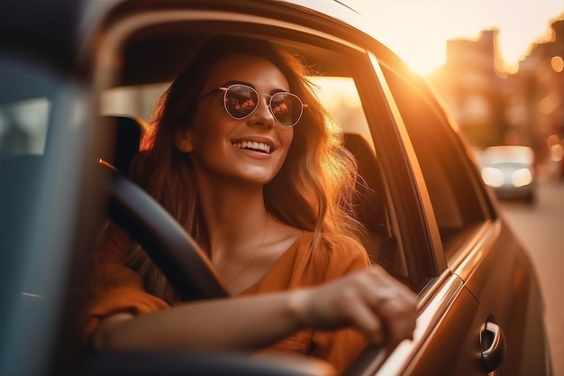 Mulher caucasiana beleza jovem óculos de sol viagem carro de estrada auto verão liberdade ia generativa