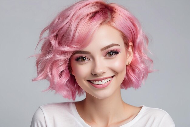 Mulher caucasiana com cabelo rosa posando com um sorriso bonito