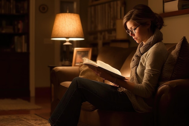 Mulher caucasiana de meia-idade lendo livros na biblioteca doméstica casual relaxante Generativa AI AIG23