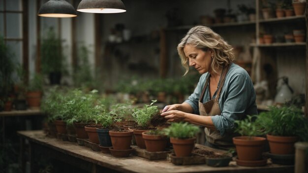 Mulher caucasiana de meia-idade replanta plantas em um pote na oficina