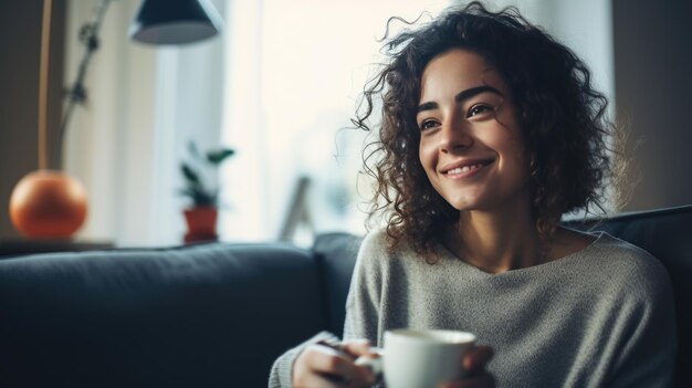 Mulher caucasiana desfrutando de uma caneca de café em um ambiente caseiro Criado com tecnologia Generative AI