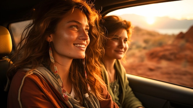 Foto mulher caucasiana dirigindo carro olhando pela janela em viagem