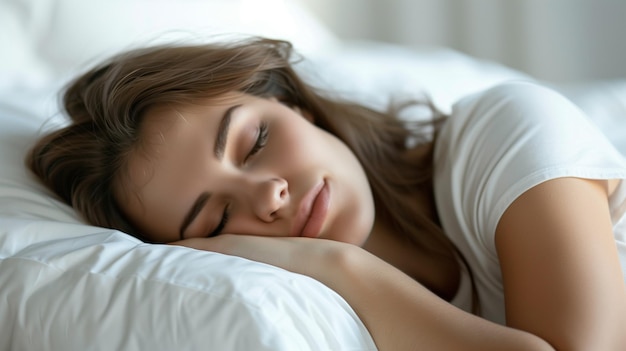 Foto mulher caucasiana dormindo em uma cama pela manhã