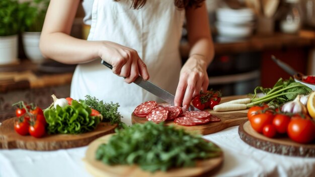 Foto mulher caucasiana em avental cortando salame com faca em uma tábua de madeira na cozinha com legumes e ervas na mesa