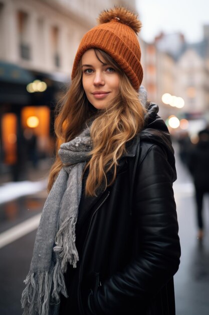 Mulher caucasiana em pé na rua da cidade durante o inverno