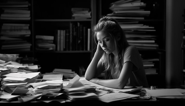 Mulher caucasiana estudando literatura dentro de casa na biblioteca gerada por IA