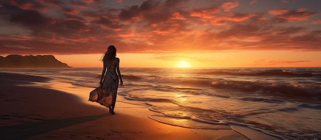 Mulher caucasiana feliz em vestido caminhando na praia ao pôr do sol imagem gerada por IA