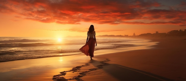 Mulher caucasiana feliz em vestido caminhando na praia ao pôr do sol imagem gerada por IA