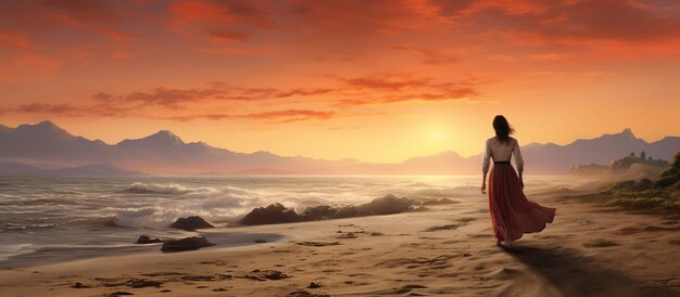 Mulher caucasiana feliz em vestido caminhando na praia ao pôr do sol imagem gerada por IA