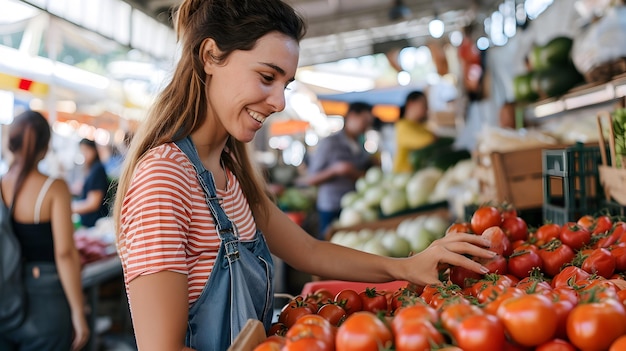 Mulher caucasiana na loja de vegetais e frutas