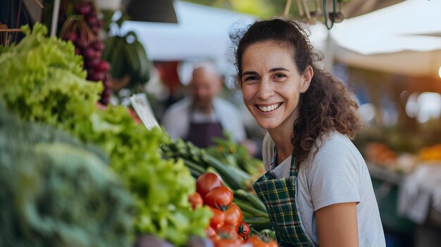 Mulher caucasiana na loja de vegetais e frutas