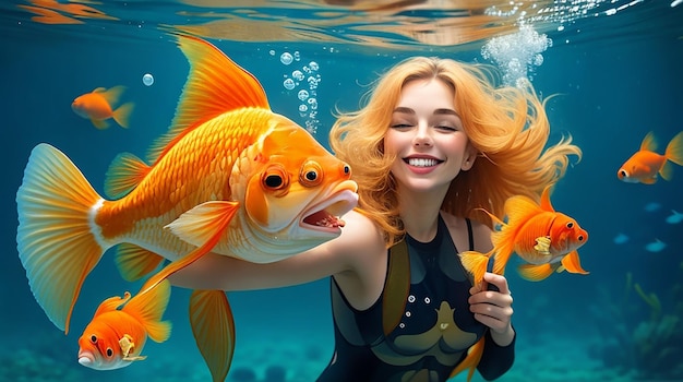 Mulher caucasiana segurando um peixe-dourado sorrindo debaixo d'água