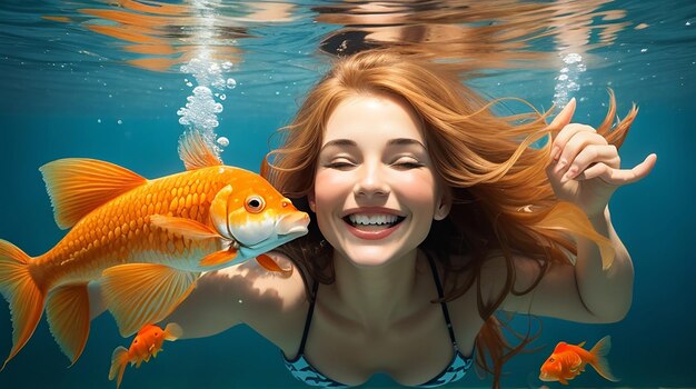 Mulher caucasiana segurando um peixe-dourado sorrindo debaixo d'água