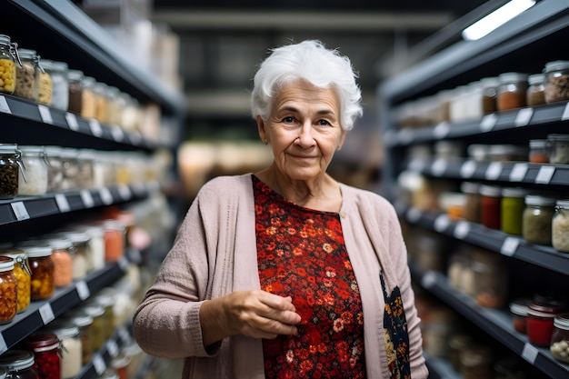 Mulher caucasiana sênior escolhendo um produto em uma rede neural de supermercado gerada fotorrealista