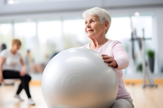 Mulher caucasiana sênior fazendo exercício com uma bola suíça em um ginásio