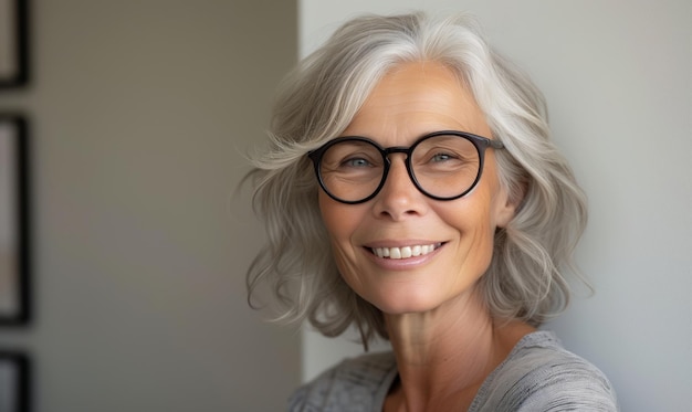 Mulher caucasiana sênior feliz com óculos com um sorriso amplo e encantador, sozinha, posa para a câmera.