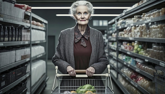 Mulher caucasiana sênior sorridente no supermercado ilustração de ia generativa