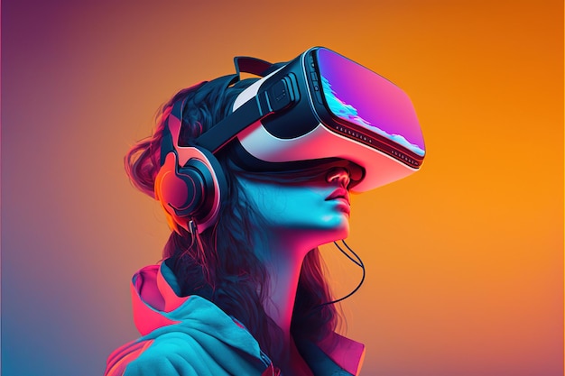 Mulher caucasiana usando fone de ouvido vr em fundo laranja neon criado usando tecnologia generativa ai