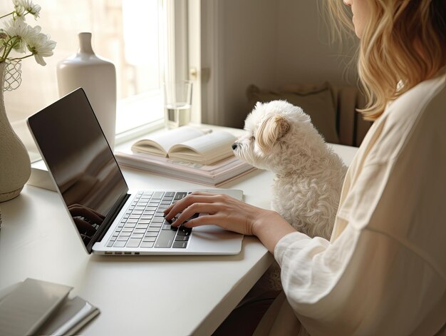 Foto mulher caucasiana usando laptop digitando no teclado enquanto sua branca sentada oh seus joelhos