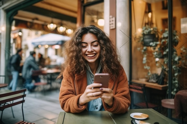 Mulher caucasiana usando o telefone Digitalizando na tela sensível ao toque do smartphone enviando mensagens de texto mulher de negócios estudante feliz sorridente compras on-line aplicativo móvel de comércio eletrônico