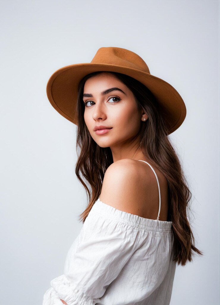Foto mulher causal posando com chapéu isolada na parede branca