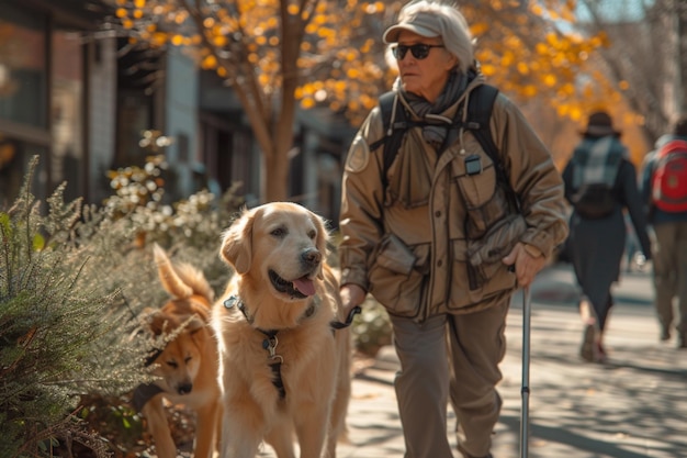 Mulher cega caminhando com seu cachorro golden retriever no parque