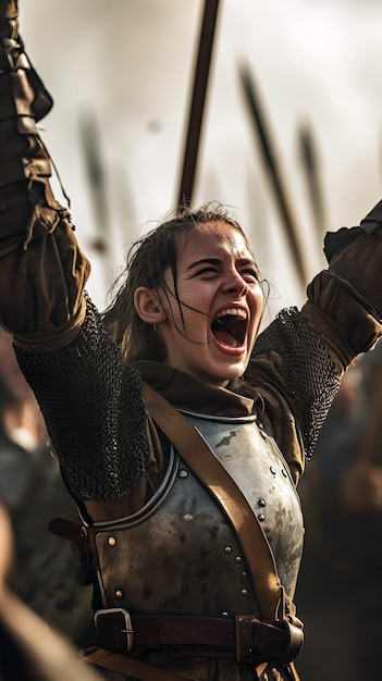 Mulher celebrando a vitória no campo de batalha