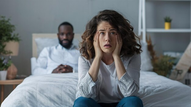 Foto mulher chateada sentada na cama na frente do marido.