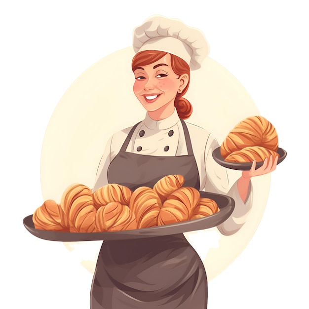 Mulher chef segurando bandeja com croissants Ilustração vetorial