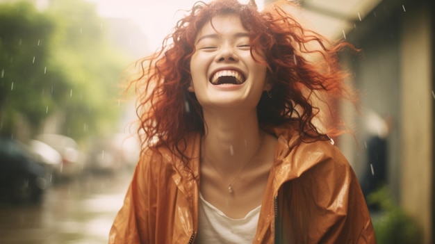 Mulher chinesa adolescente fotorrealista com ilustração de cabelo ruivo cacheado