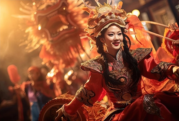 mulher chinesa apresenta uma dança tradicional durante o show de percussão de ano novo no estilo streetcap