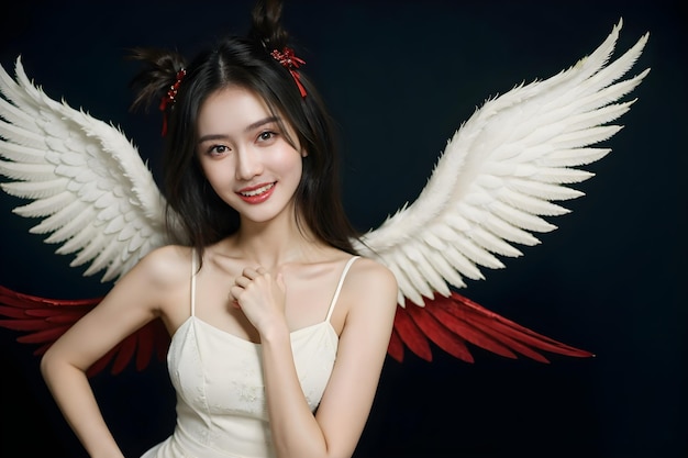 Foto mulher chinesa asiática feliz natal mulher com asas de anjo fundo verde e vermelho pastel