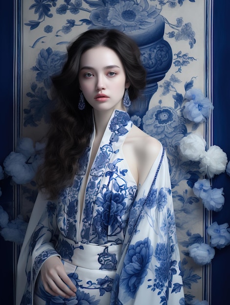 Mulher chinesa vestindo cheongsam Chinoiserie Porcelana chinesa realista azul e branca Generative AI