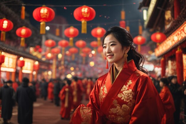 Mulher chinesa vestindo um cheongsam vermelho celebra o feliz ano novo de 2024