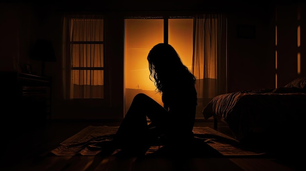 Mulher chorando sentada em uma cama em um quarto