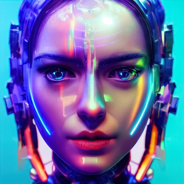 Mulher cibernética de fantasia de ficção científica futurista Conceito de tecnologia cibernética Ilustração 3D digital