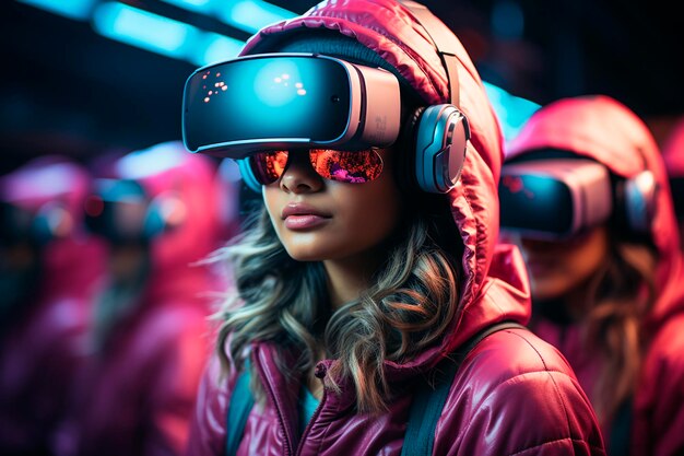 Mulher cibernética em óculos de realidade virtual IA generativa