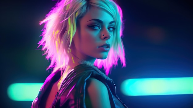 Mulher ciborgue com um cérebro detalhado visível em fundo cyberpunk com luzes de néon criadas com Gen