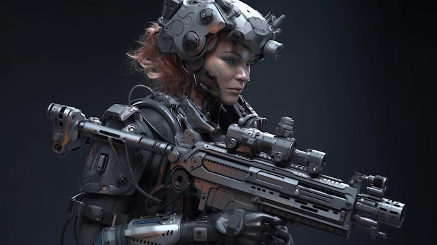 Mulher ciborgue com uma metralhadora em um backgroundgenerative ai escuro