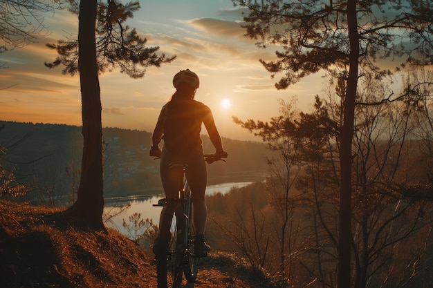 Foto mulher ciclista com capacete anda na natureza promovendo a saúde e o equilíbrio