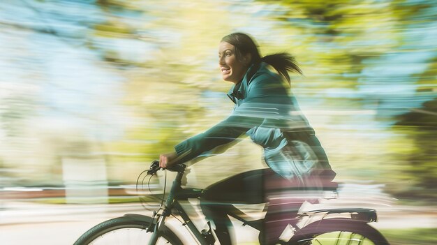 Foto mulher ciclista saudável e feliz andando rápido de bicicleta em um parque ia generativa