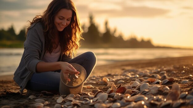 Foto mulher coleta conchas na praia