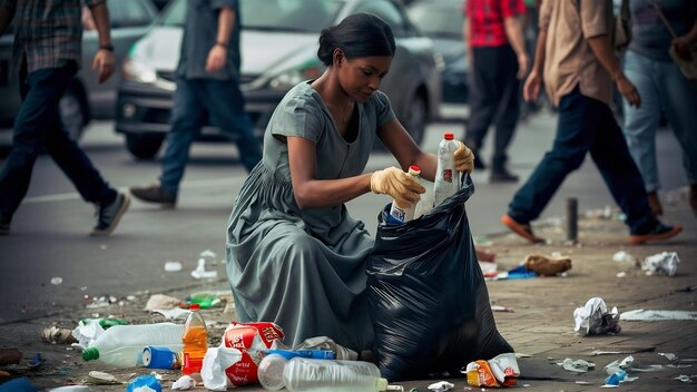 Mulher coletando lixo em um saco preto