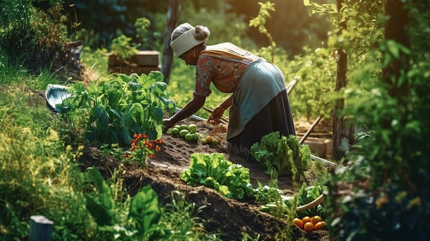 Mulher colhendo legumes do jardim Generative AI