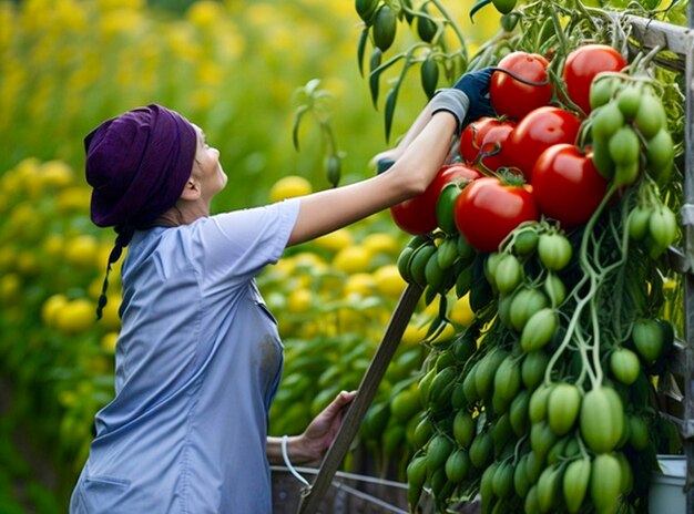 Mulher colhendo tomates Colhendo