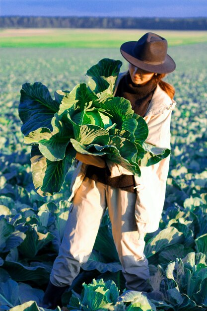 Mulher colhendo vegetais de repolho no campo Agricultora trabalhando em fazenda orgânica Colhendo na temporada de outono