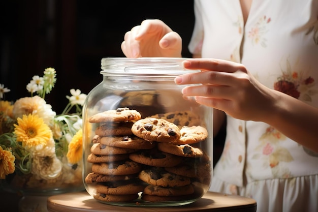 mulher coloca biscoitos no vaso 8k de alta qualidade